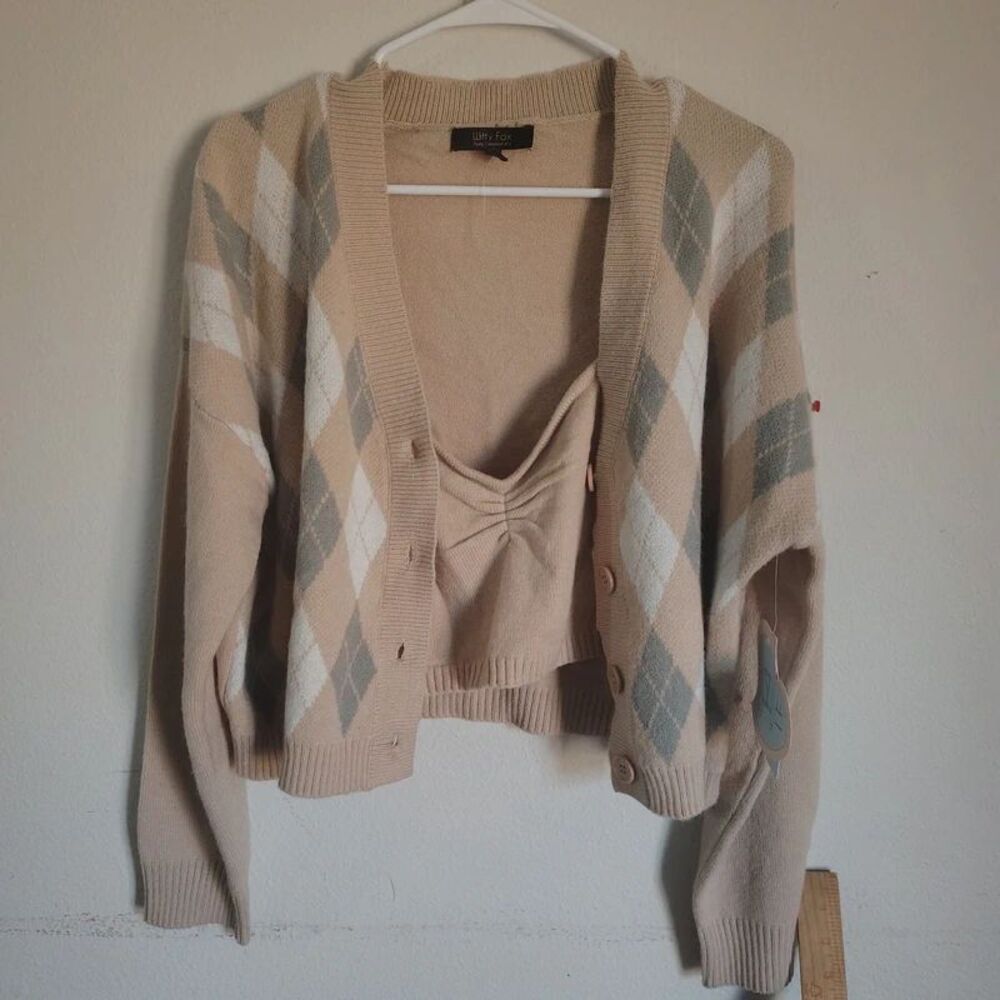 Witty Fox Cream Brown and Light Blue Plaid Cardigan and Tank Top Set Size XL